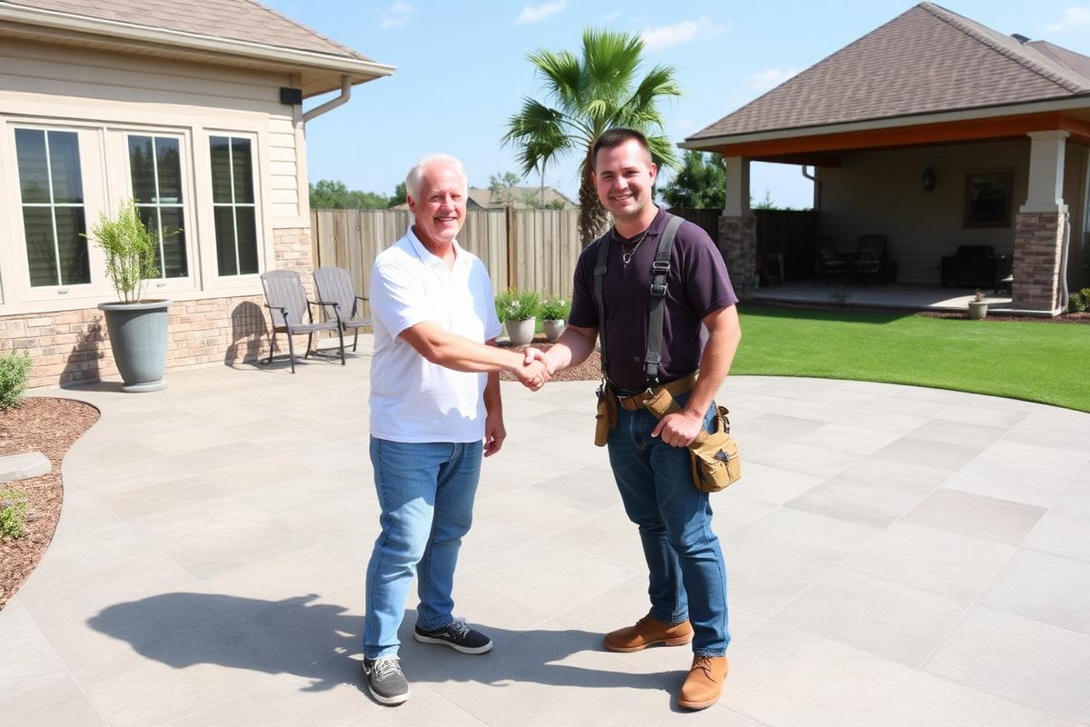 Happy customer with finished concrete patio